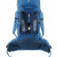 Blue hiking backpack with multiple compartments on a white background