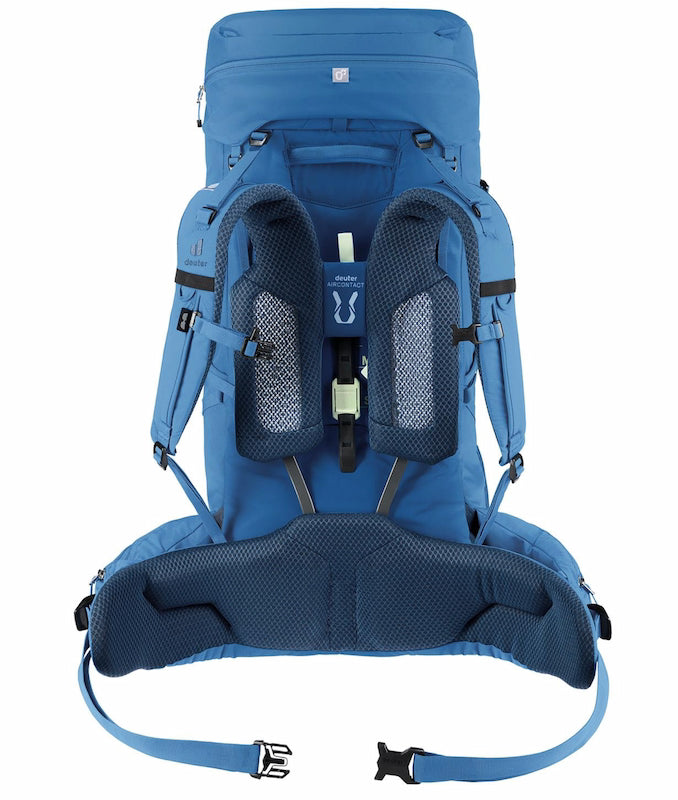 Blue hiking backpack with multiple compartments on a white background