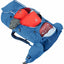 Blue backpack with red and gray items on a white background