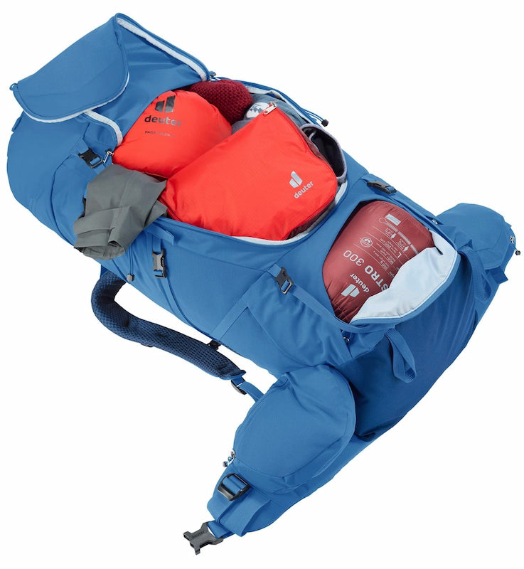 Blue backpack with red and gray items on a white background