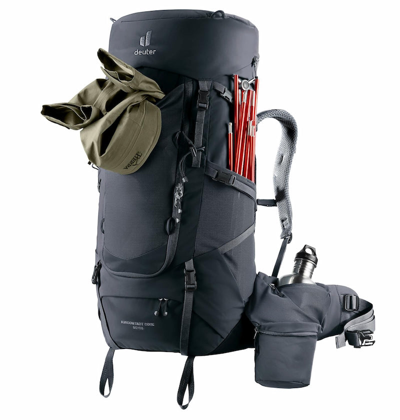 Black hiking backpack with various compartments and accessories on a white background