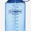 Blue Nalgene water bottle with measurement markings on a white background