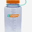 Clear water bottle with orange cap and Nalgene logo on a white background