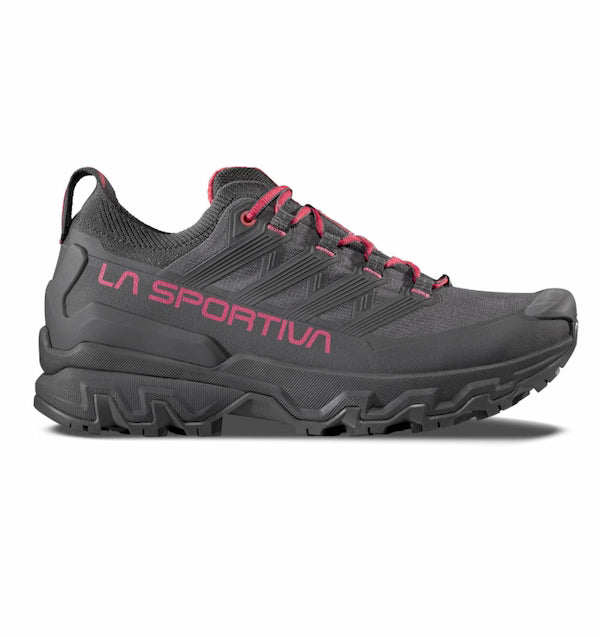 Gray hiking shoe with red accents and 'La Sportiva' branding on a white background