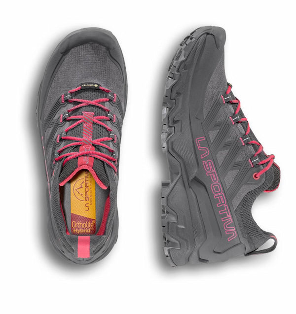 Gray and red hiking shoes with 'La Sportiva' branding on a white background