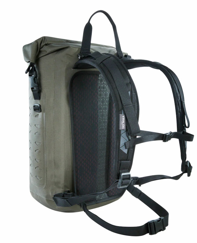 Backpack with a visible brand logo on a white background