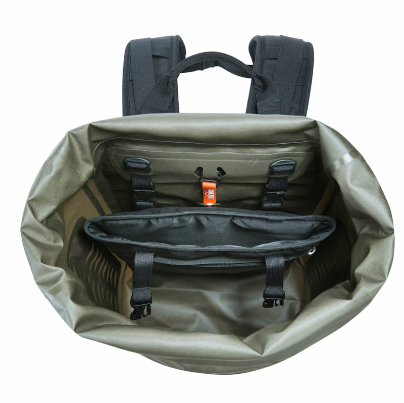 Open beige backpack with a black interior section on a white background
