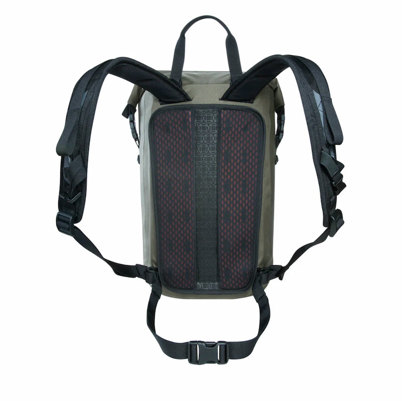 Backpack with black straps and a textured back panel on a white background