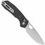 Folding knife with black handle and silver blade on a white background