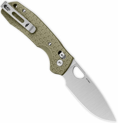 Folding knife with green handle and silver blade on a white background