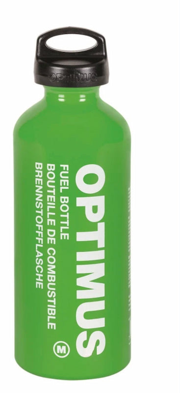 Green Optimus fuel bottle with black cap on a white background