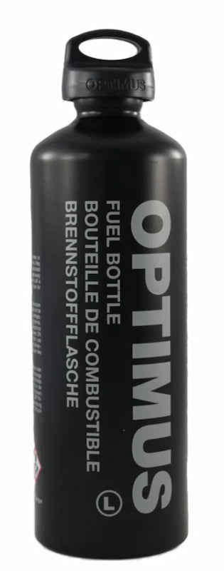Black Optimus fuel bottle on a white background