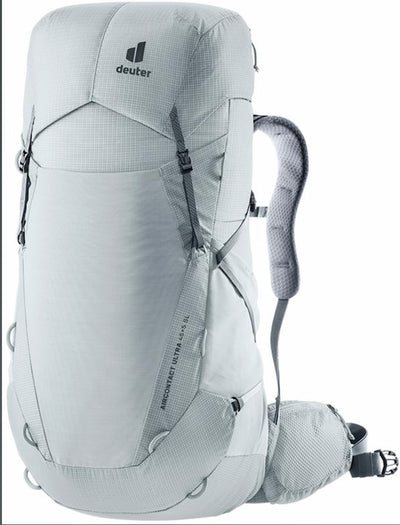 Gray hiking backpack with visible Deuter logo on a white background