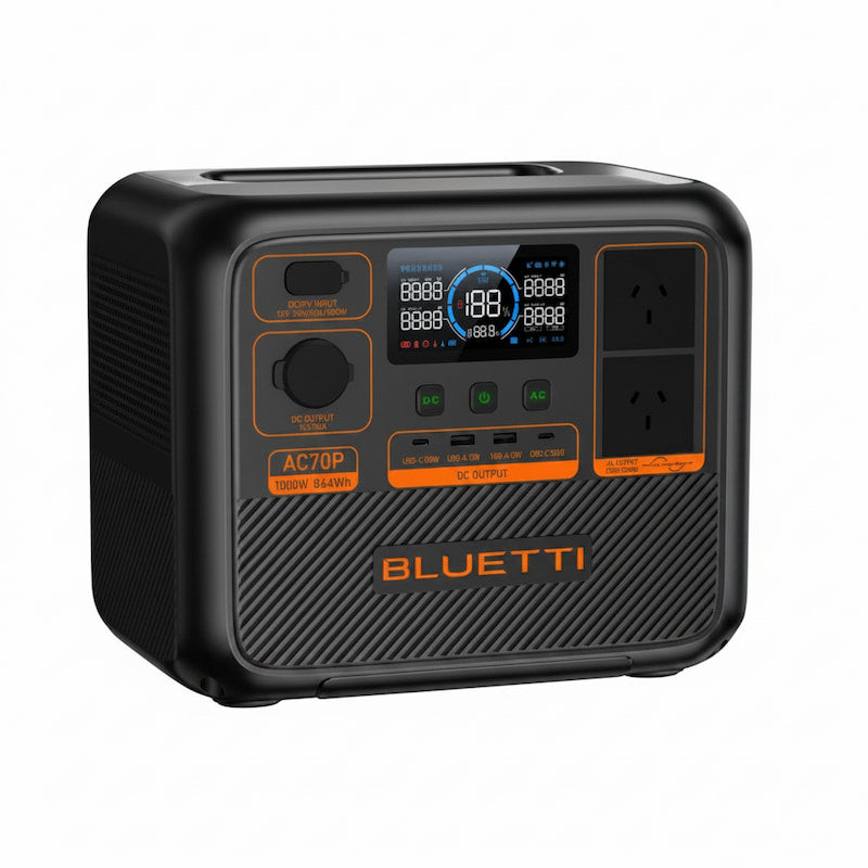 BLUETTI portable power station with AC70P output and multiple USB ports, featuring a black textured body with orange accents and a digital display screen, shown on a plain white background.