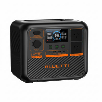 BLUETTI portable power station with AC70P output and multiple USB ports, featuring a black textured body with orange accents and a digital display screen, shown on a plain white background.