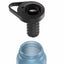 A disassembled reusable bottle shown on a white background, with the cap and internal components above and the main bottle body below. The bottle is a translucent light blue, and the lid assembly is black with a clear cap.