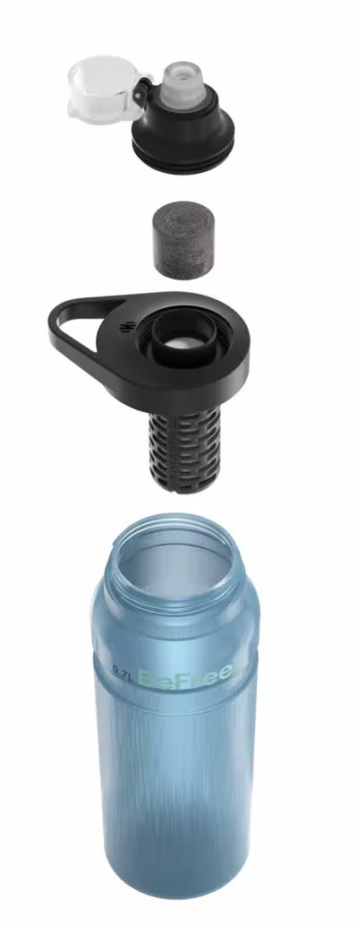 A disassembled reusable bottle shown on a white background, with the cap and internal components above and the main bottle body below. The bottle is a translucent light blue, and the lid assembly is black with a clear cap.