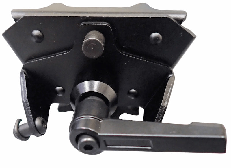 A black metal mounting bracket or hardware component with a lever arm, photographed on a plain white background.