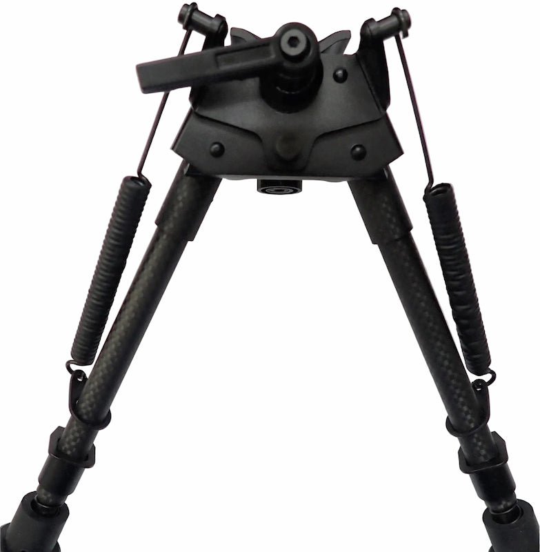 Black carbon fiber tripod with a quick-release head and leg springs, shown against a solid white background.