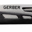 A Gerber multi-tool pocket knife shown in a side profile view, featuring a black textured handle and a silver metal body with various tool slots.