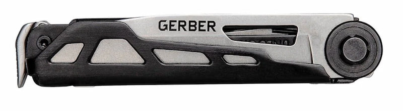 A Gerber multi-tool pocket knife shown in a side profile view, featuring a black textured handle and a silver metal body with various tool slots.