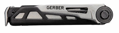 A Gerber multi-tool pocket knife shown in a side profile view, featuring a black textured handle and a silver metal body with various tool slots.