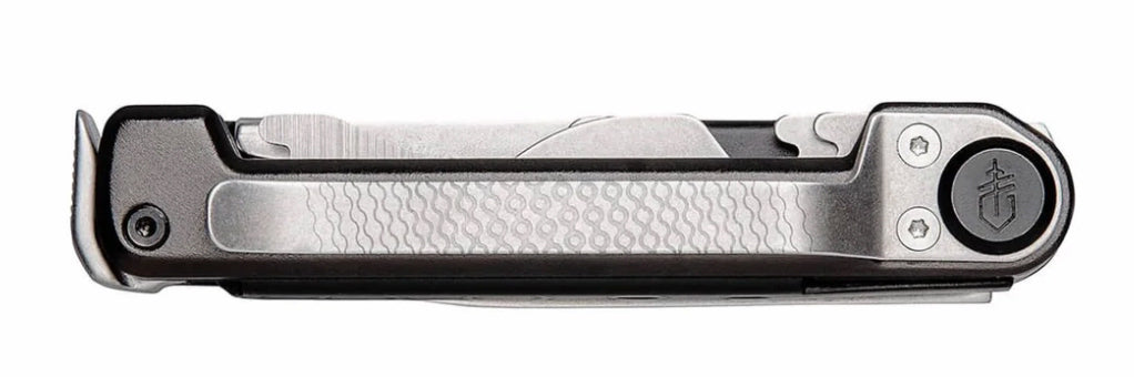A multi-tool pocket knife with a textured silver metal body and black accents, shown against a plain white background.