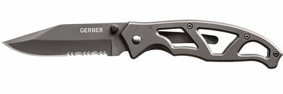 A Gerber folding pocket knife with a dark gray metal blade and a textured dark gray handle featuring cutouts, shown against a plain white background.