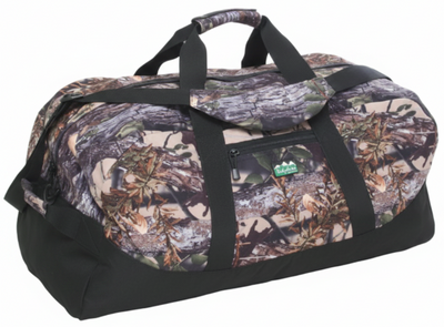 A camouflage duffle bag with a woodland tree-bark and leaf pattern, featuring black handles, a black base, and a front zippered pocket with a green logo patch.