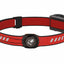 A red and black reflective headlamp band with a central black circular dial and a black side adjustment buckle, shown on a plain white background.
