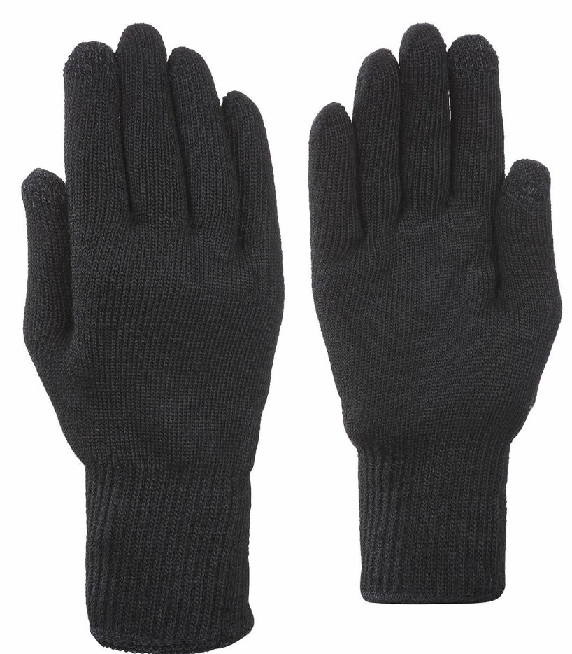 A pair of black knit winter gloves shown flat against a solid white background.