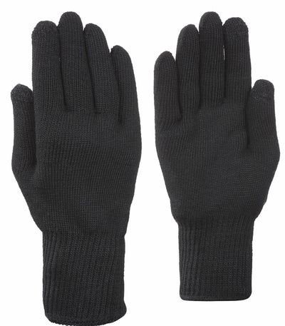 A pair of black knit winter gloves shown flat against a solid white background.