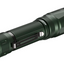 A tactical flashlight in a dark green anodized aluminum finish, shown at a diagonal angle on a plain white background.
