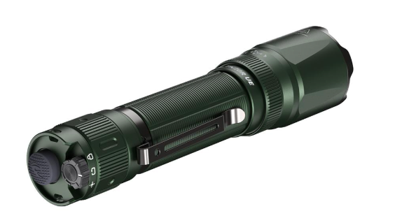 A tactical flashlight in a dark green anodized aluminum finish, shown at a diagonal angle on a plain white background.