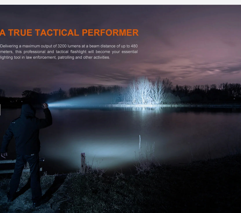 A tactical flashlight beam illuminates a lake at night, with a person standing in the foreground holding the flashlight. Orange promotional text appears on the left side of the image.