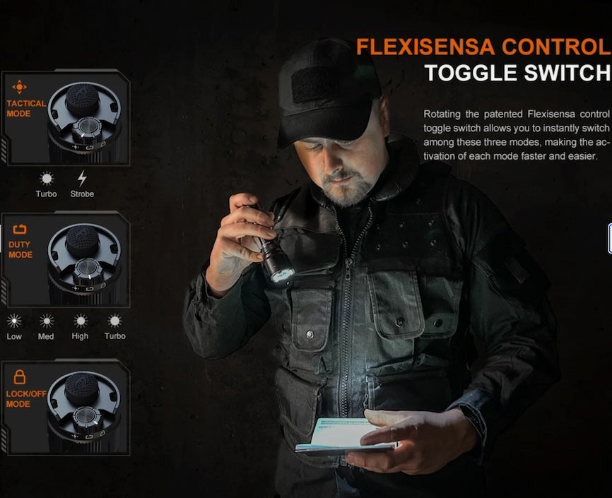 A man in a black tactical jacket and cap demonstrates the Flexisensa Control Toggle Switch on a flashlight, with three mode icons (Tactical, Duty, Lockout) and product text on a dark background.