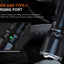 A black tactical flashlight shown with marketing text highlighting a hidden USB Type-C charging port. The main flashlight is angled on the right, and a zoomed inset on the left shows the port with a green indicator light.