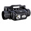 A black tactical flashlight with a quick-release mounting bracket, shown on a solid white background.