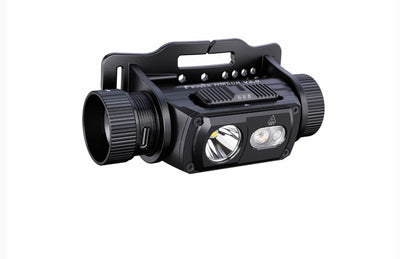 A black tactical flashlight with a quick-release mounting bracket, shown on a solid white background.