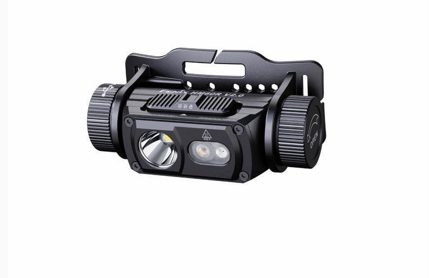 A black tactical LED headlamp with a quick-release mounting bracket, shown on a plain white background.