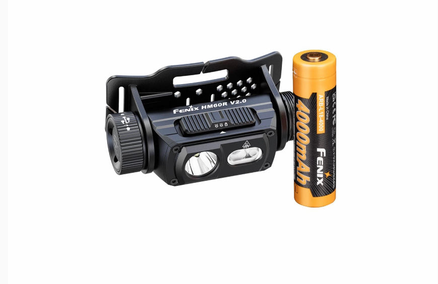 A Fenix H1MBR V2.0 flashlight shown next to a Fenix 2000mAh 1450C lithium-ion battery on a plain white background.