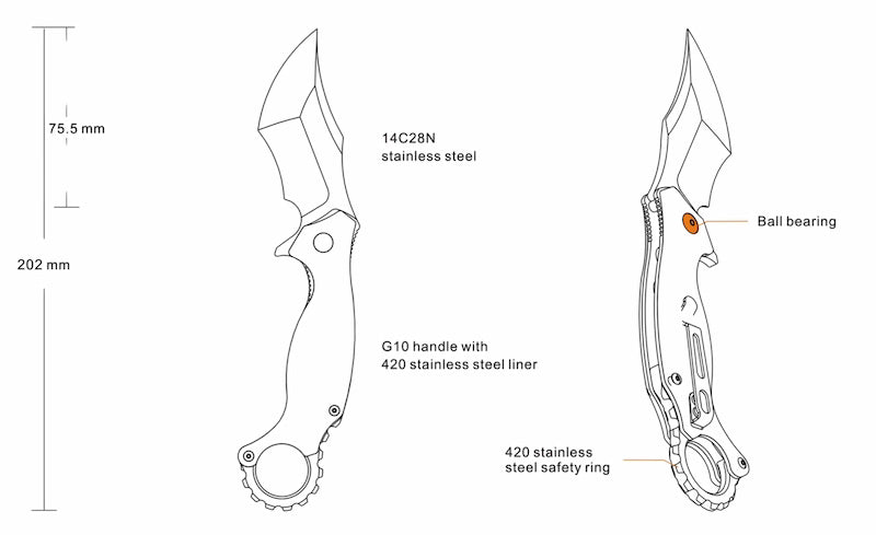 drawing and size,spcs of knife