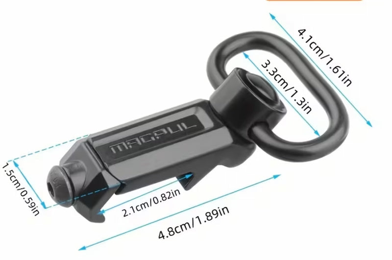 Black Magpul ear plug with ear hook and dimension labels showing measurements in centimeters and inches on a white background.