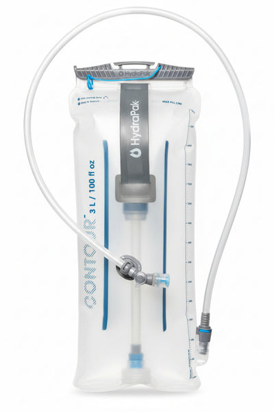 HydraPak Contour 3 Liter hydration bladder in translucent white with blue and gray accents, featuring a flexible drinking tube and measurement markings on a white background.