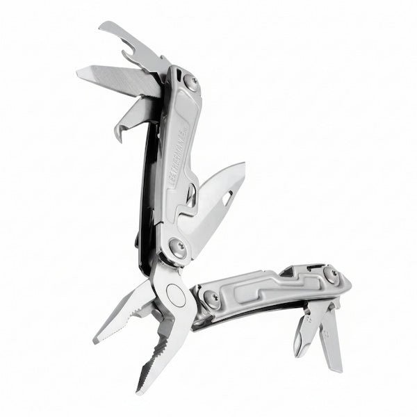 A stainless steel multi-tool pocket knife with several tools extended, including pliers, a screwdriver, and a file, shown on a plain white background.