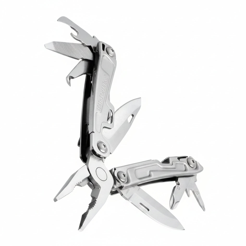 A stainless steel multi-tool pocket knife with several tools unfolded, including pliers and a small blade, shown against a plain white background.