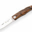 A folding pocket knife with a polished silver stainless steel blade and a contoured brown wood handle, shown open against a plain white background.