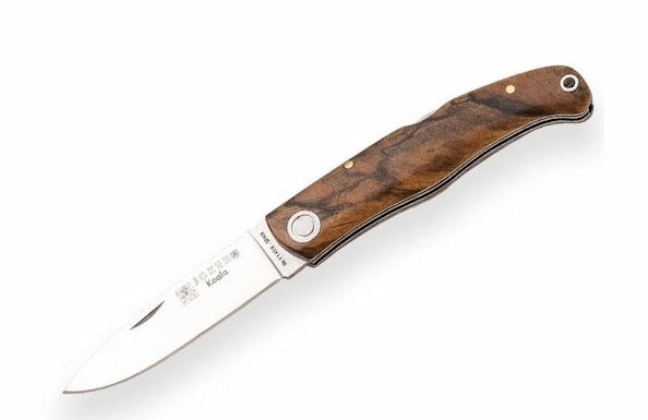 A folding pocket knife with a polished silver stainless steel blade and a contoured brown wood handle, shown open against a plain white background.
