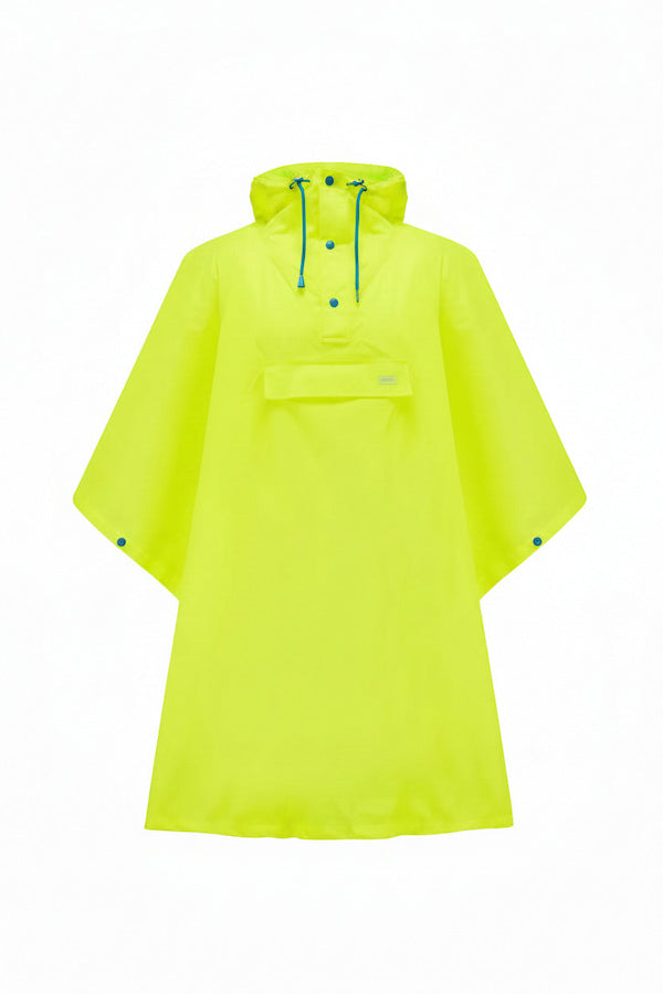 A bright neon yellow-green hooded rain poncho with blue drawstrings and snap closures, displayed flat against a solid white background.