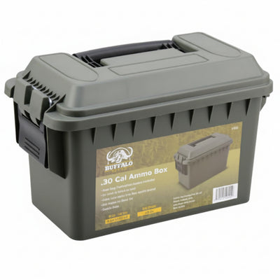 A Buffalo brand gray plastic ammo box with a black carrying handle and a tan product label on the front, shown on a plain white background.